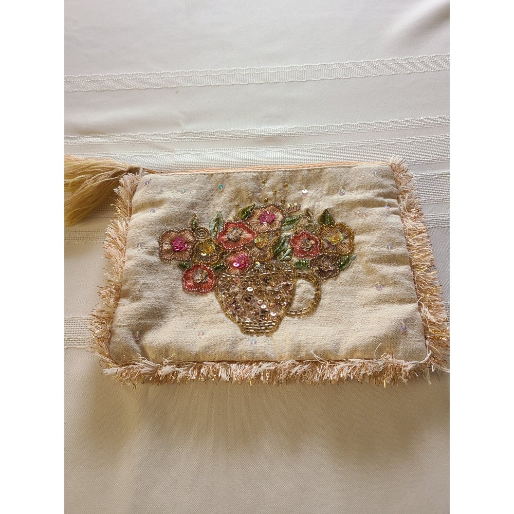 Cream-colored Textile Pouch with Floral Beading and Embroidery. Made In India